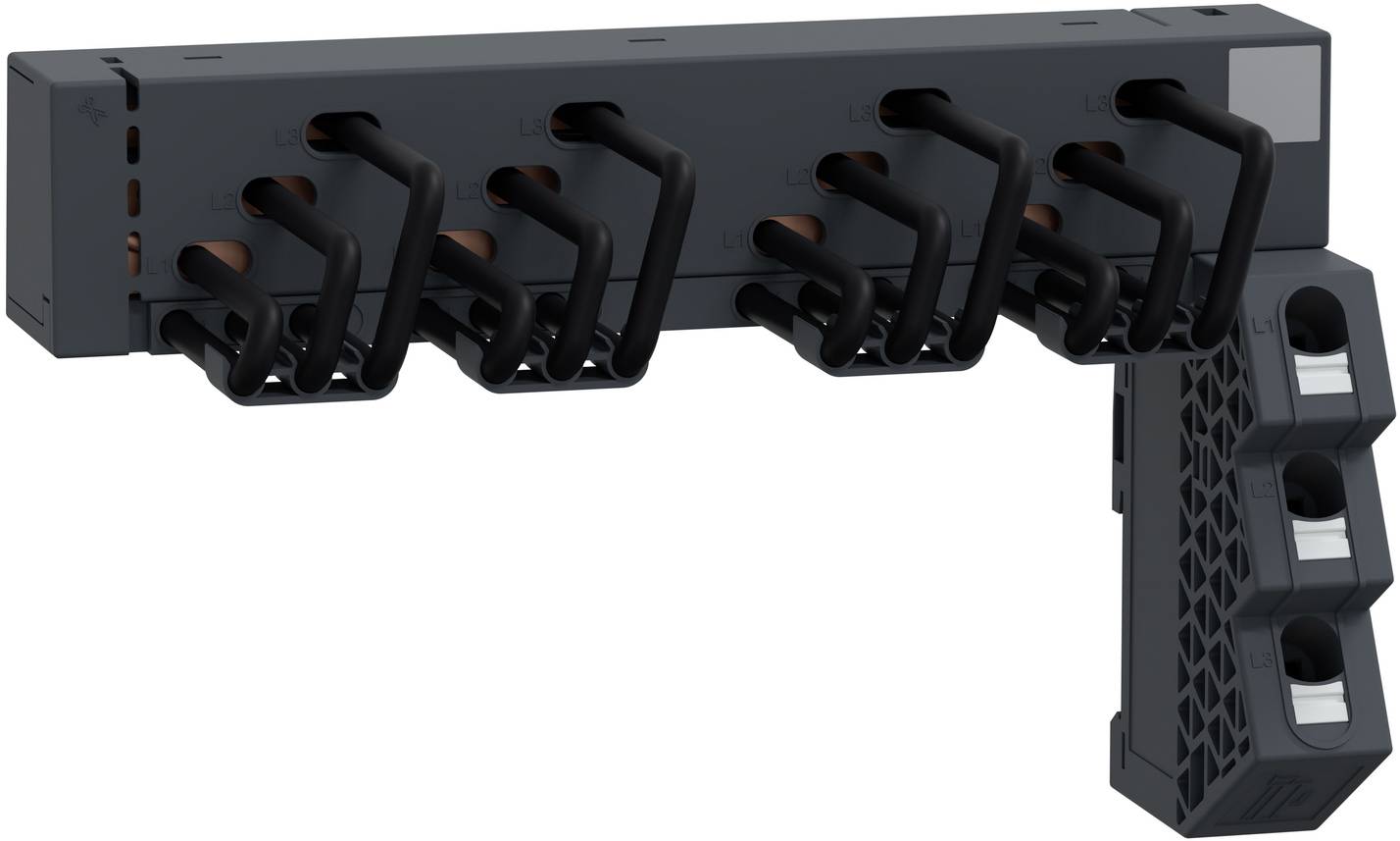 Black modular cable management bracket with multiple hook-like clips and a side-mounted handle on a white background.