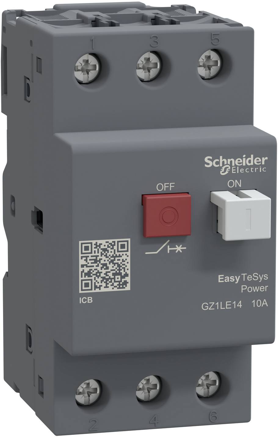 Schneider Electric EasyTeSys Power circuit breaker with red OFF and white ON switches, labeled GZ1LE14 10A.