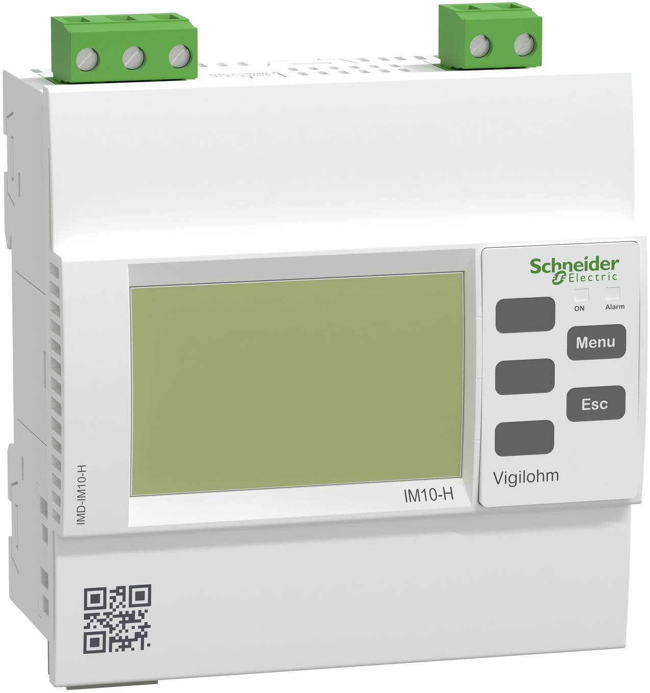 Schneider Electric Vigilohm IM10-H device with blank display, Menu and Esc buttons, and green terminal connectors on top.