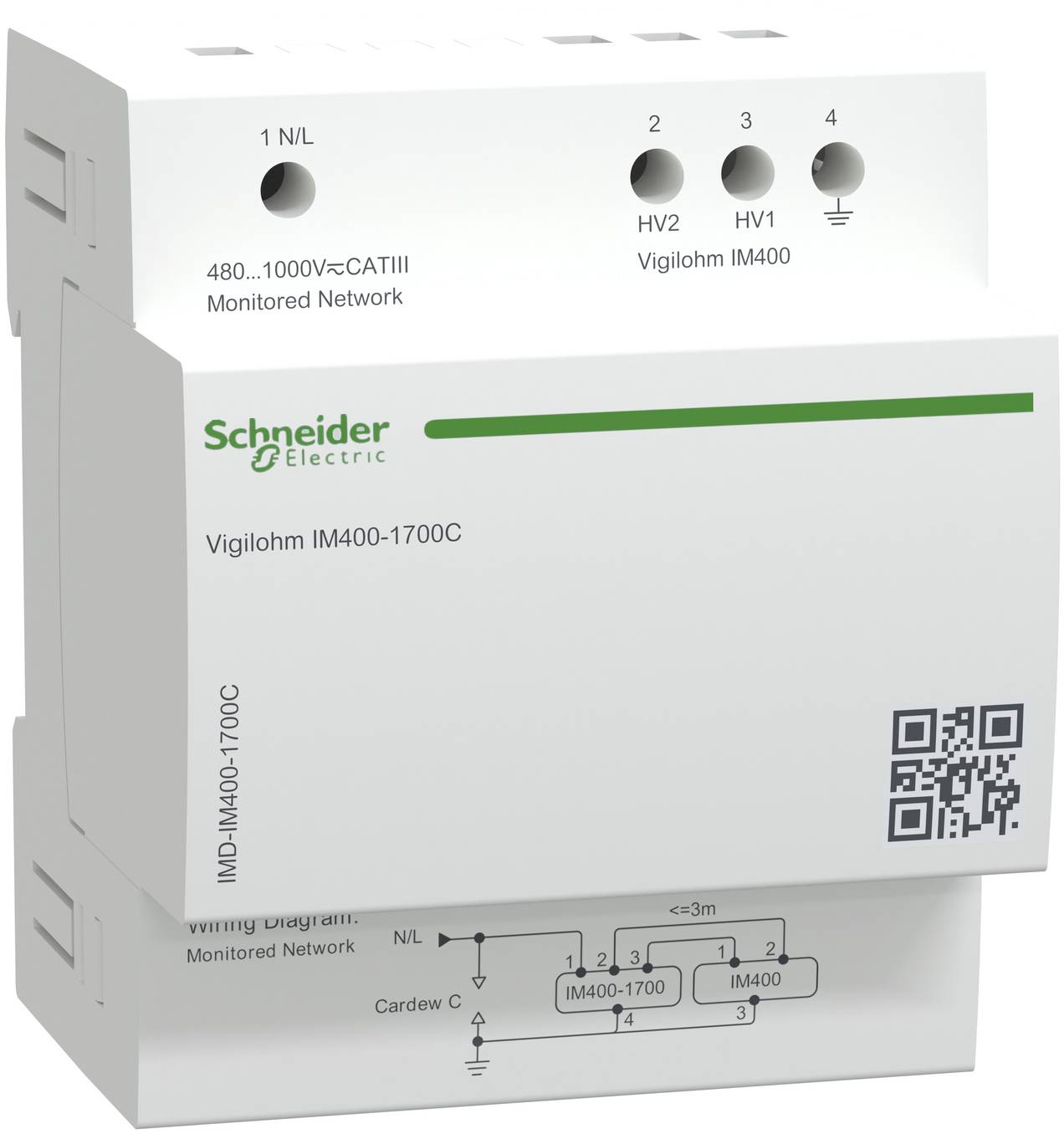 Schneider Electric Vigilohm IM400-1700C monitored network insulation module with status ports and wiring diagram.