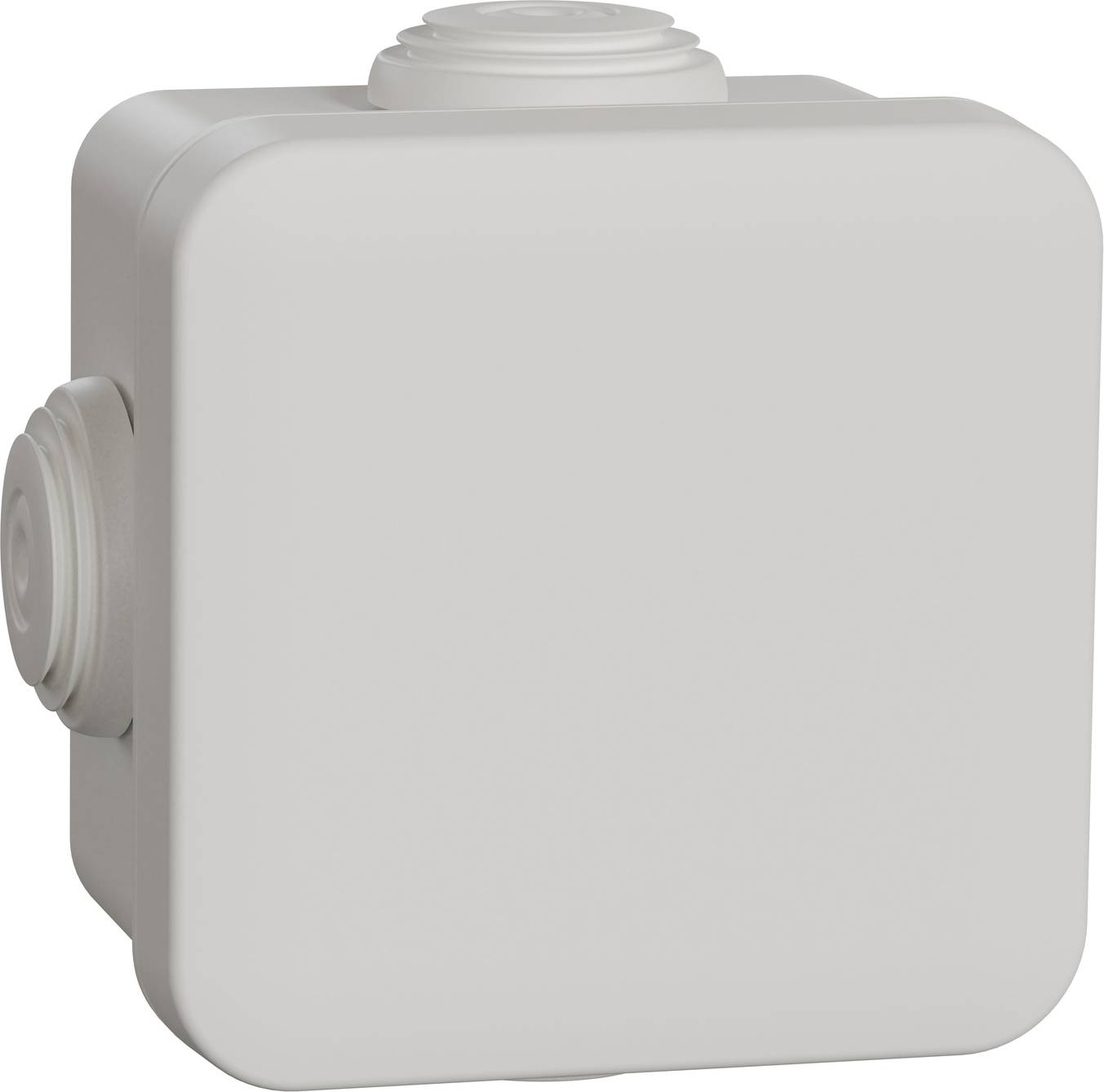 Plain gray electrical junction box with rounded corners and circular conduit openings on the top and left sides.