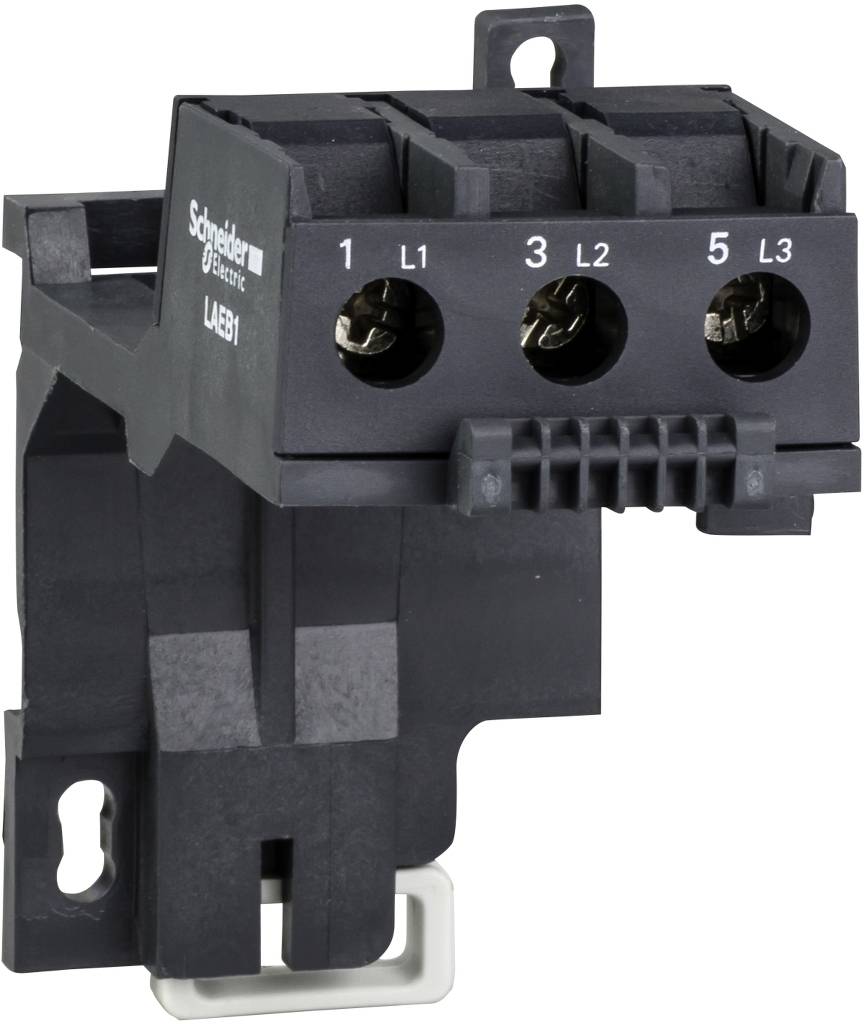 Black Schneider Electric electrical contactor or relay with three labeled terminals (1/L1, 3/L2, 5/L3) on a white background