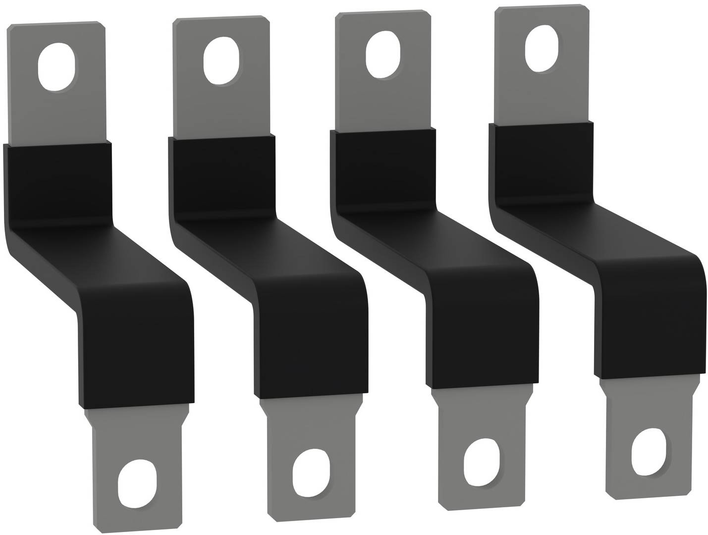 Four black and gray metal mounting brackets with bent right-angle shapes and oval screw holes, shown on a white background.