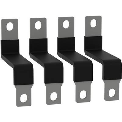 Four black and gray metal mounting brackets with bent right-angle shapes and oval screw holes, shown on a white background.