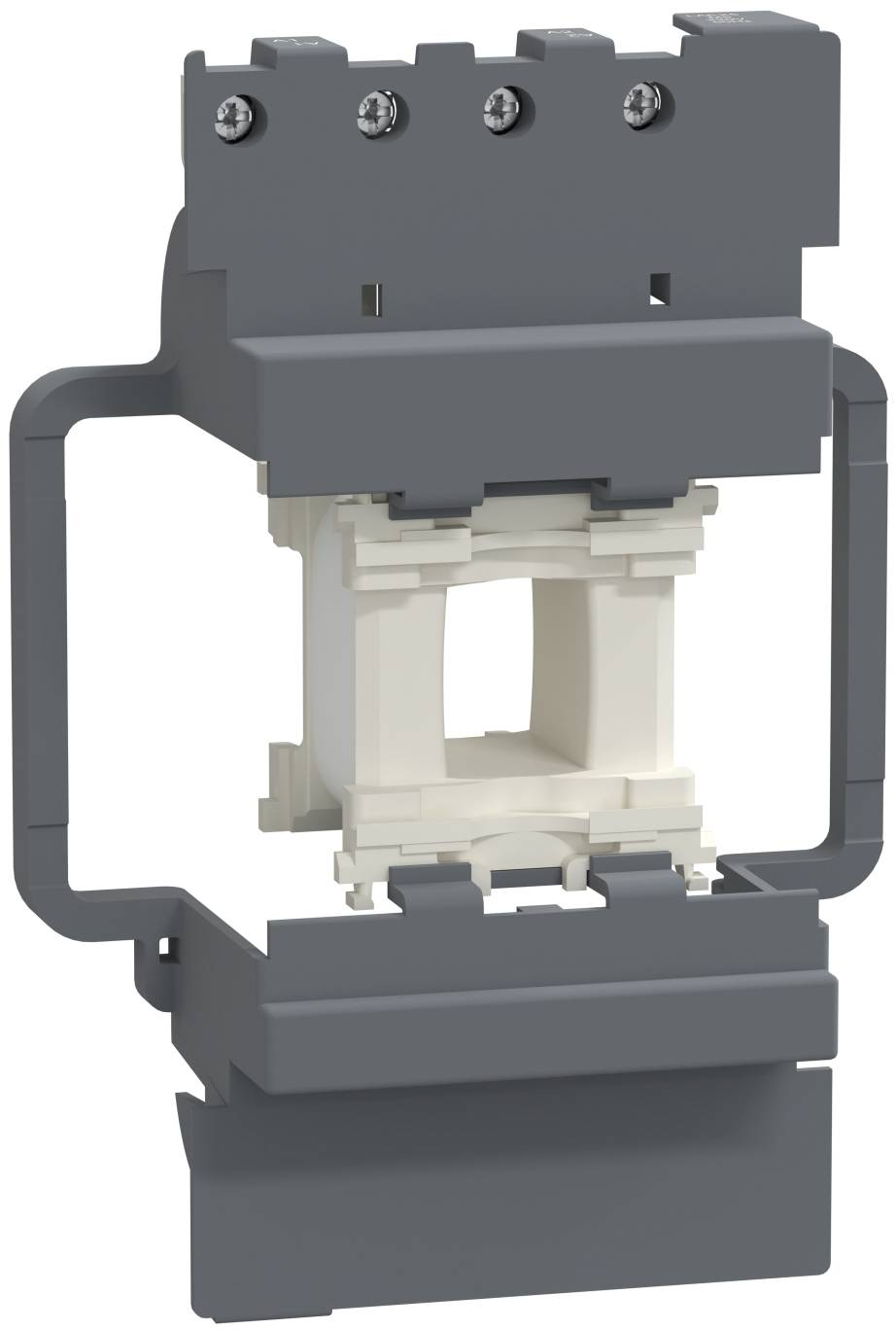 Gray and white electrical device component with a central rectangular opening, shown in front view on a plain background.