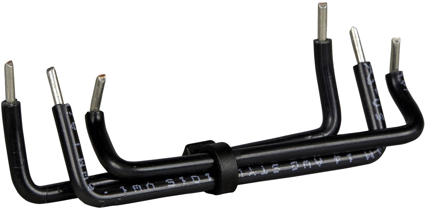 Black electrical cable with multiple stripped wire ends exposed and bent upward, secured by a clip on a white background.