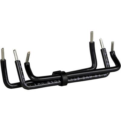 Black electrical cable with multiple stripped wire ends exposed and bent upward, secured by a clip on a white background.