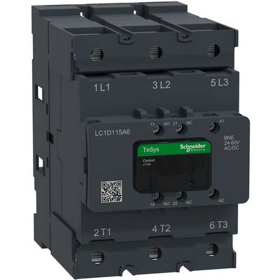 Schneider Electric contactor labeled LC1D115A6, with terminal markings and 24-60V AC/DC coil specification on a black industrial device.