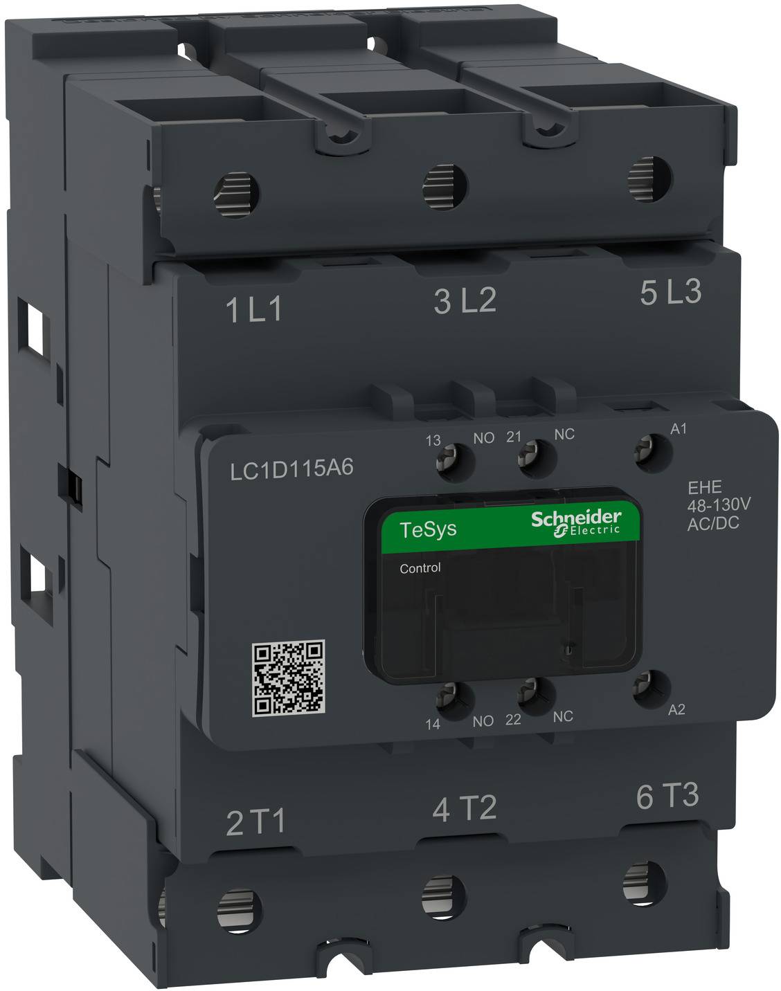 Black Schneider Electric TeSys LC1D115A6 contactor with labeled terminal blocks and 48–130V AC/DC control coil.