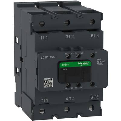 Black Schneider Electric TeSys LC1D115A6 contactor with labeled terminal blocks and 48–130V AC/DC control coil.
