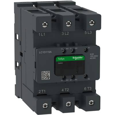 Black Schneider Electric TeSys LC1D115A contactor with three top and bottom power terminals and labeled control panel on the front.