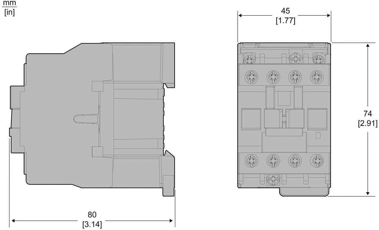 Technical dimension drawing of a rectangular electrical component, showing side and front views with dimensions 80 mm wide, 74 mm high, and 45 mm deep.