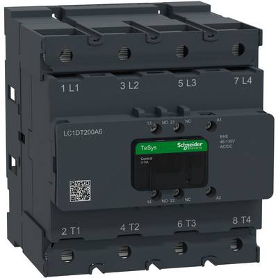 Black Schneider Electric TeSys contactor labeled LC1DT200A6 with terminal markings and QR code, shown on a white background.