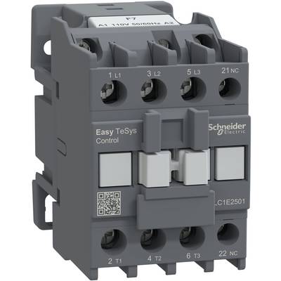 Product photo of a Schneider Electric Easy TeSys Control contactor, labeled with terminals and QR code on a gray industrial electrical device.