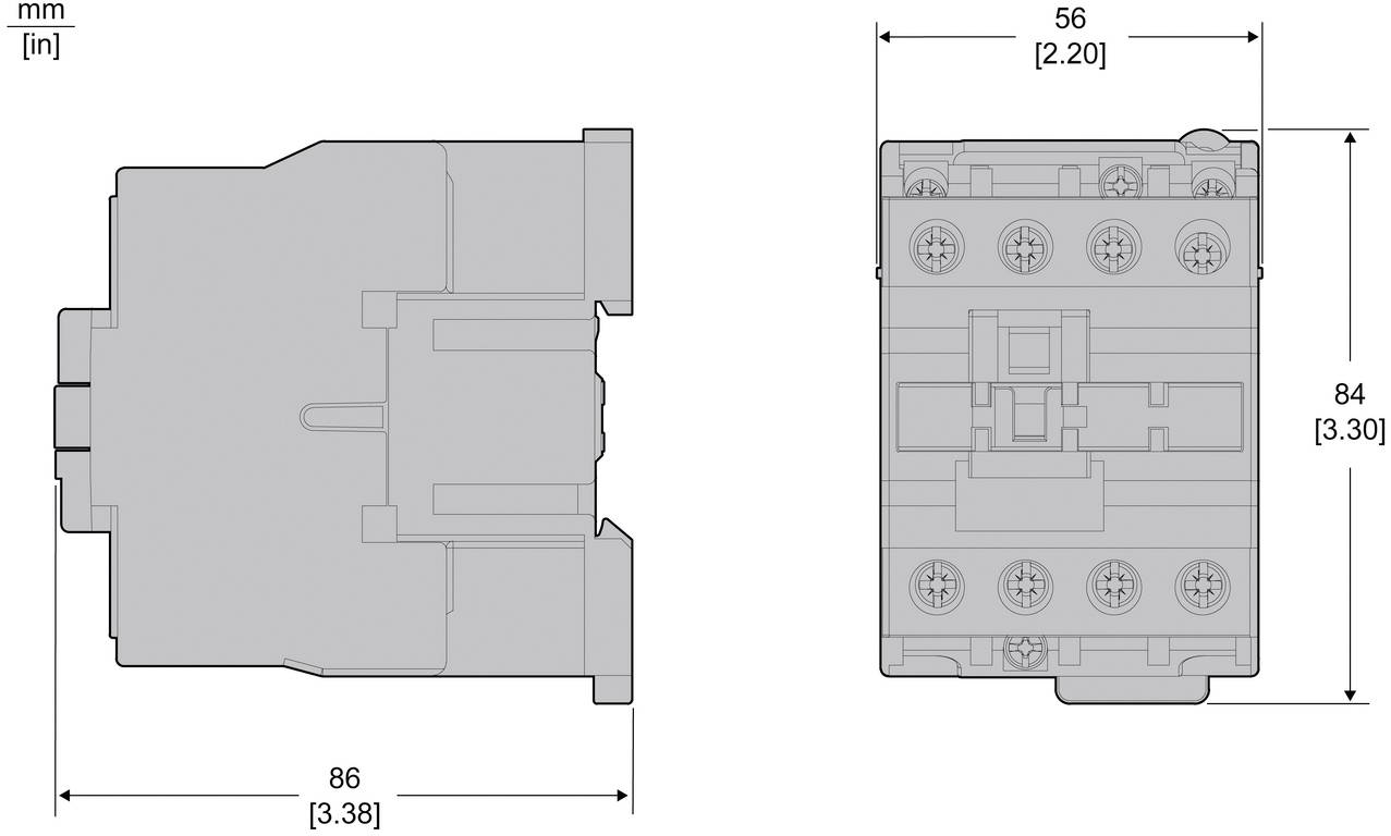 Technical drawing of a rectangular electrical component, shown in side and front views with dimensions 86 mm long, 56 mm wide, and 84 mm high.