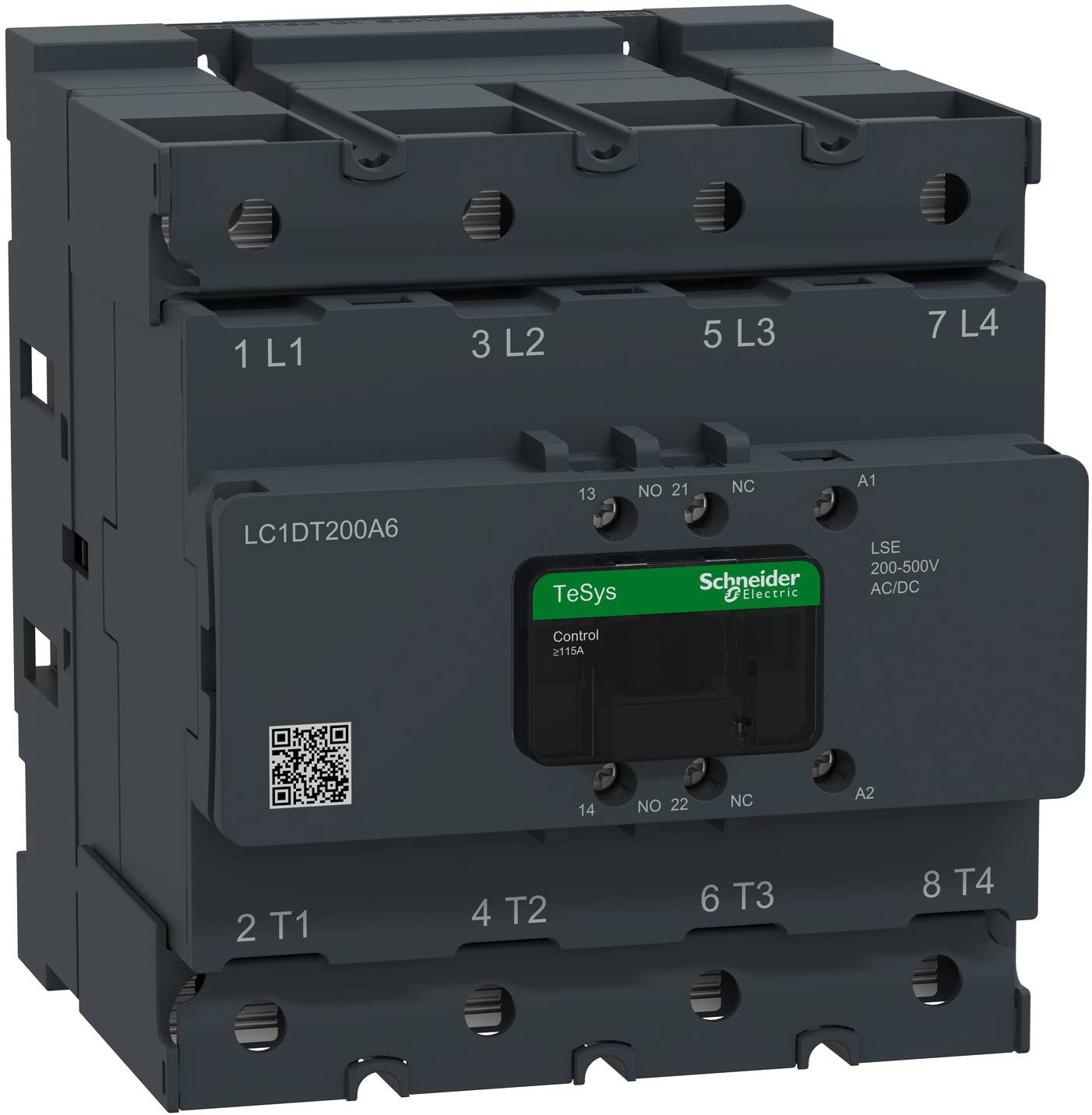Black Schneider Electric TeSys contactor with labeled terminals and control module, shown front view on white background.