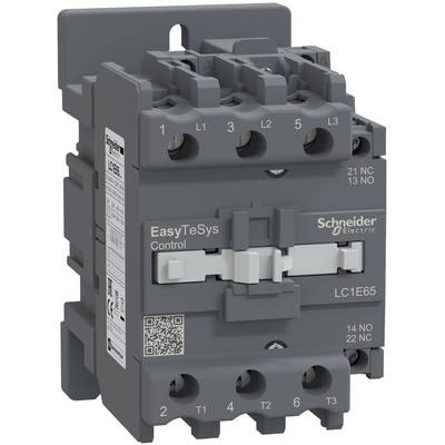 Schneider Electric EasyTeSys Control contactor, model LC1E65, with labeled terminals and side controls on a gray industrial electrical component.<br>