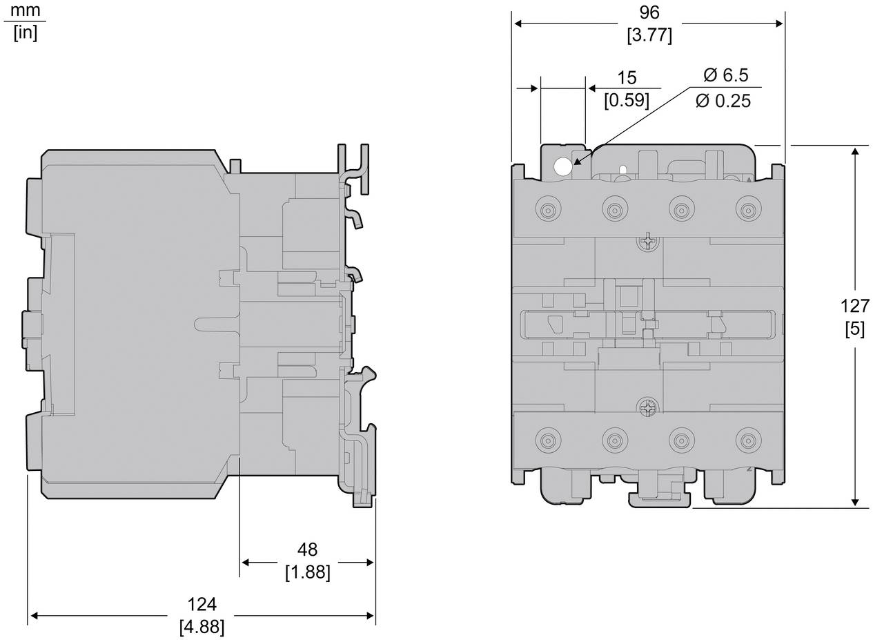 Technical dimension drawing of an electrical device, showing front and side views with measurements 124 x 127 mm, width 96 mm, and mounting hole Ø6.5 mm.