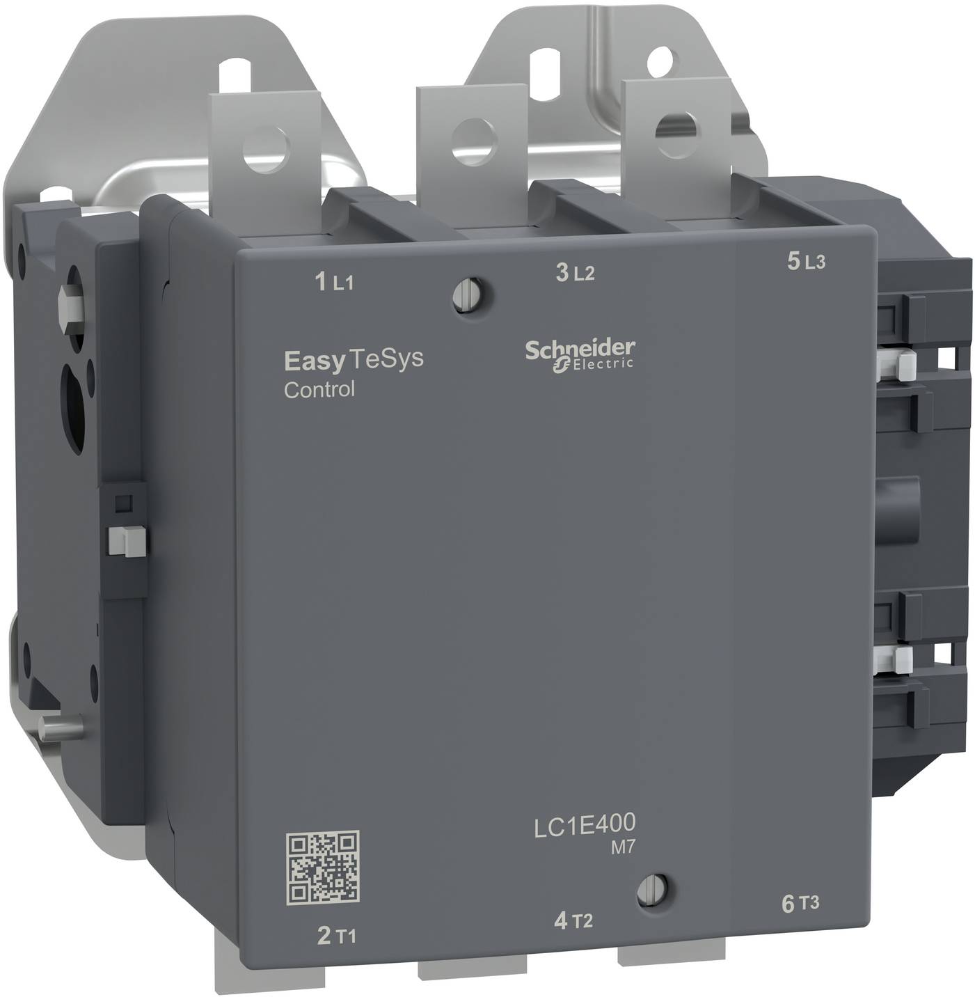Gray Schneider Electric Easy TeSys Control contactor, model LC1E400 M7, with three-phase terminal labels and mounting brackets.
