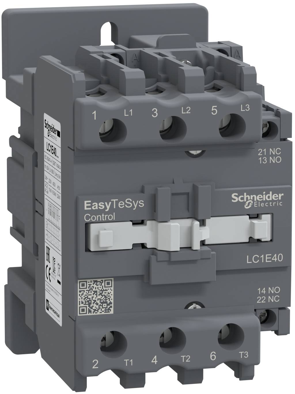 Schneider Electric EasyTeSys Control contactor with labeled terminals and QR code, shown front view on white background.