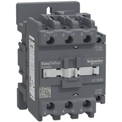 Schneider Electric EasyTeSys Control LC1E40 contactor with three power terminals and labeled coil/auxiliary contacts on a gray industrial unit.
