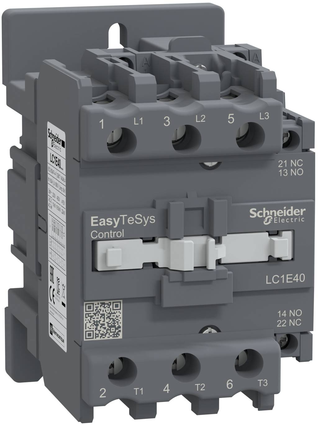 Schneider Electric EasyTeSys Control LC1E40 contactor with three-phase terminals and front labeling.