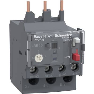 Schneider Electric EasyTeSys Protect LRE 10 motor overload relay with three copper terminals, adjustment dial, and reset/stop controls.<br>