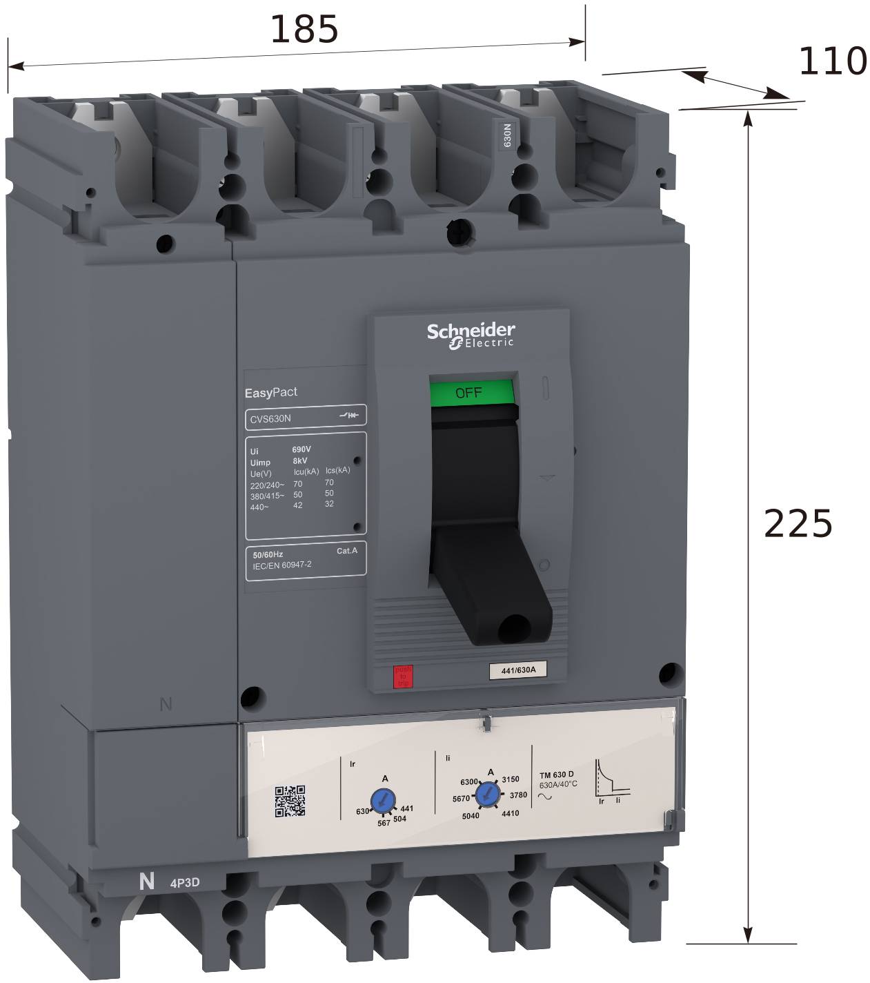 Schneider Electric EasyPact circuit breaker shown in 3D with dimensions labeled 185 mm wide, 225 mm high, and 110 mm deep.
