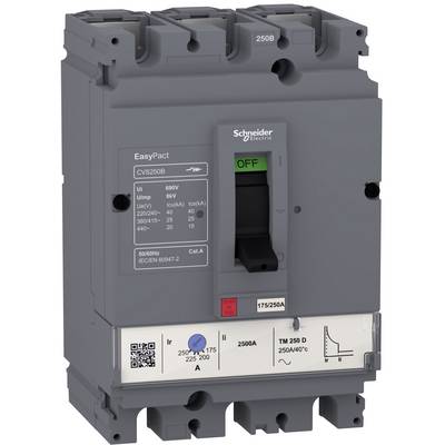 Gray Schneider Electric EasyPact circuit breaker with a black toggle in OFF position, labeled 175/250A and 2500A.<br>