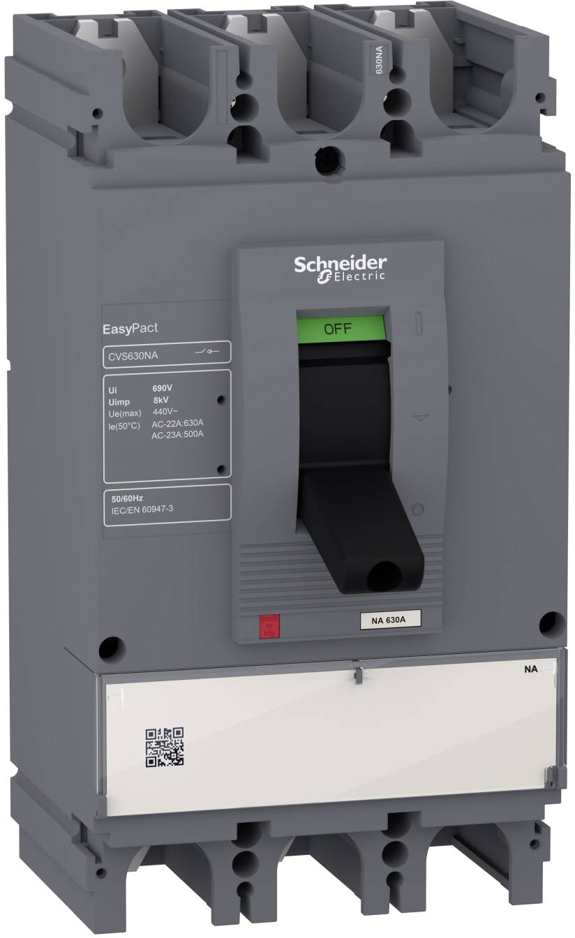 Gray Schneider Electric EasyPact circuit breaker with a black toggle switch in the OFF position.