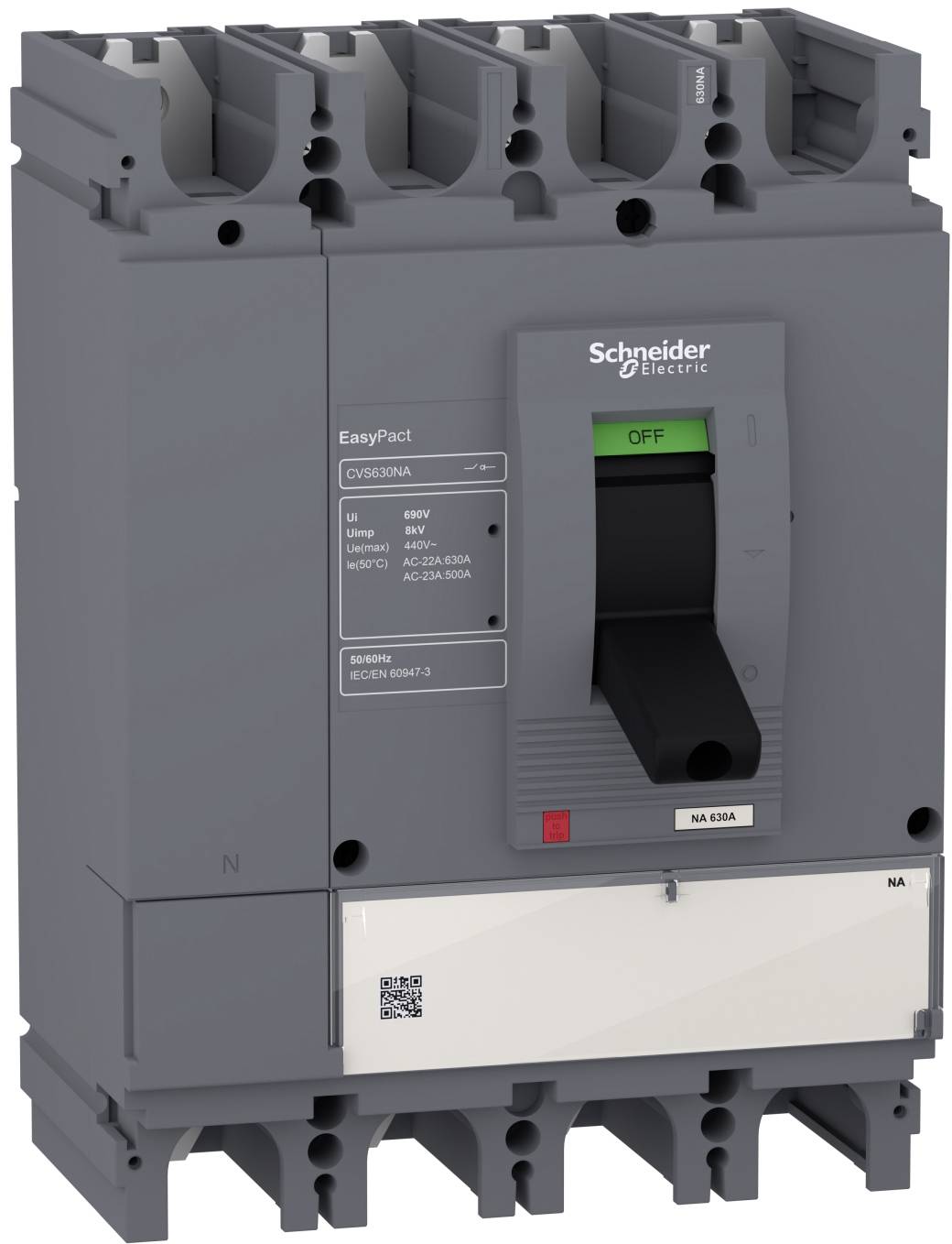 Gray Schneider Electric EasyPact circuit breaker with black toggle switch showing 'OFF' and a label reading 'NA 630A'.