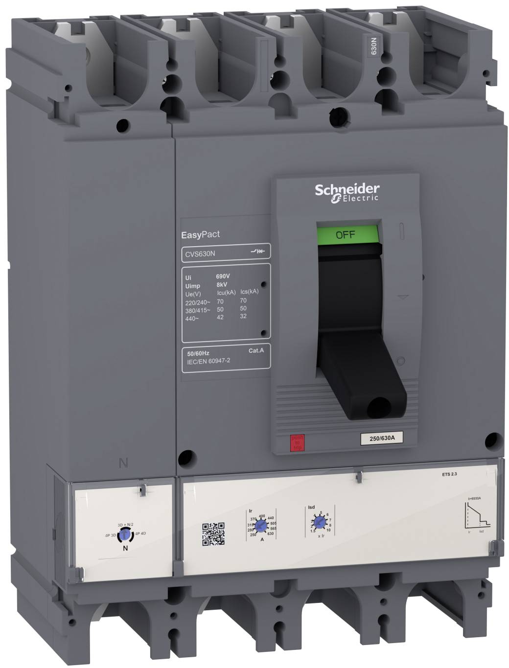 Schneider Electric EasyPact circuit breaker with ON/OFF handle and technical labels on a gray industrial electrical device.