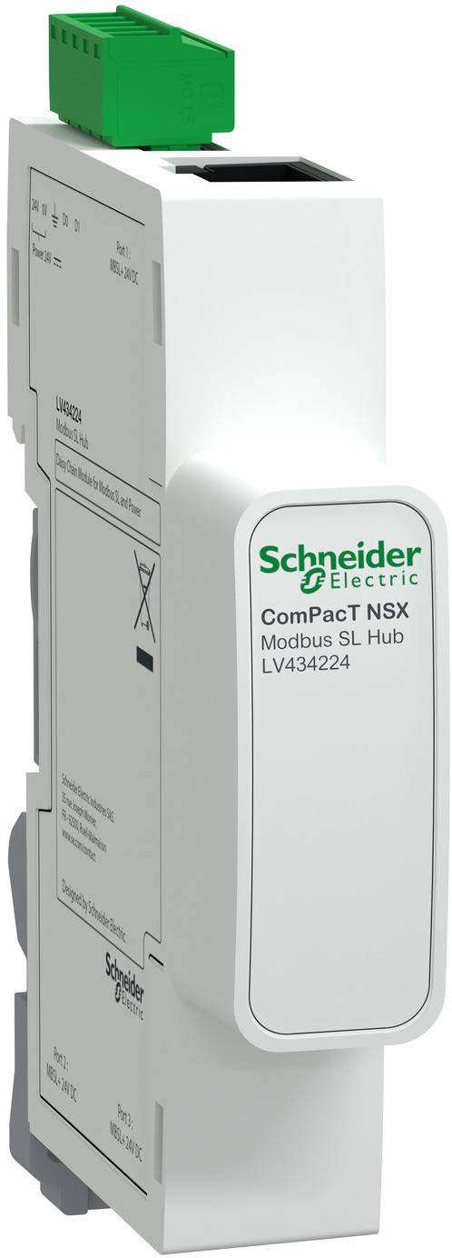 Schneider Electric ComPacT NSX Modbus SL Hub module shown in a product photo, with green connector on top and model LV434224 on the front.