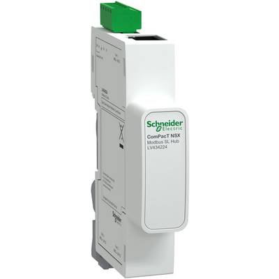 Schneider Electric ComPacT NSX Modbus SL Hub module shown in a product photo, with green connector on top and model LV434224 on the front.