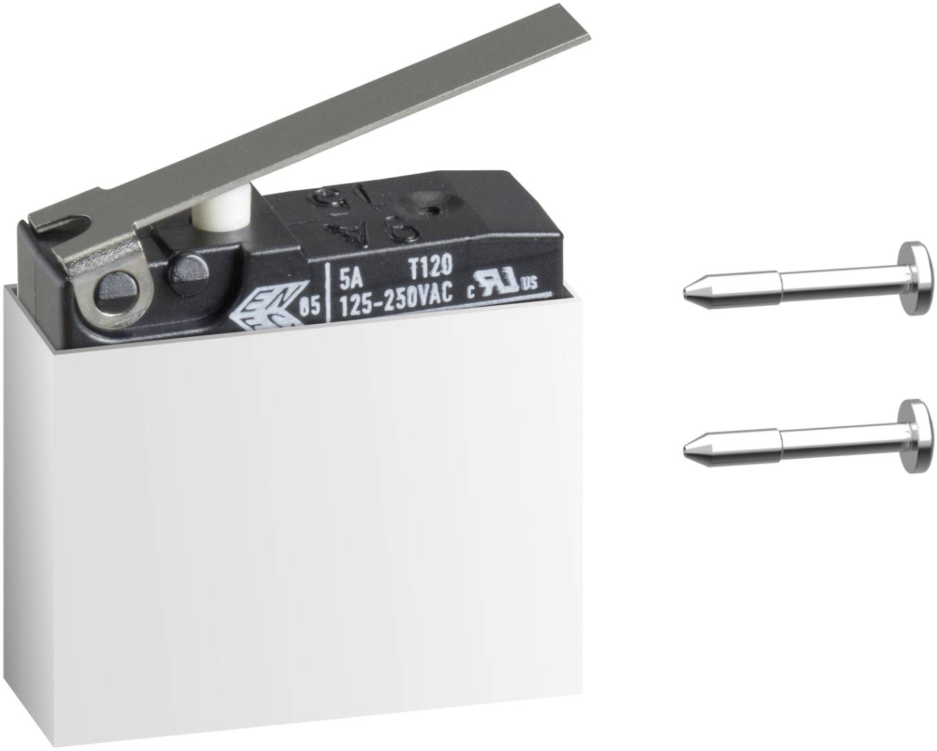 Electrical switch unit with a metal lever, shown beside two mounting screws on a white background.