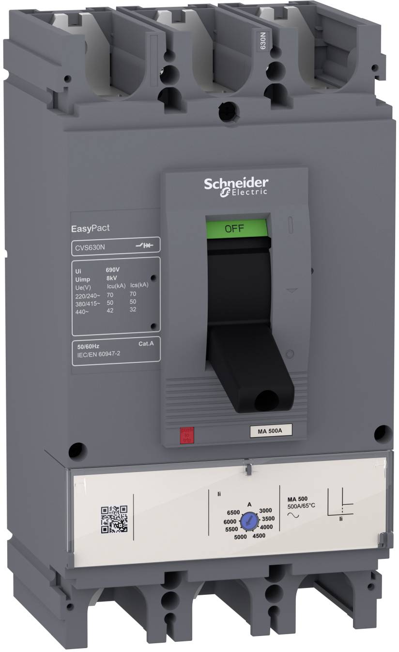 Gray Schneider Electric EasyPact circuit breaker with ON/OFF switch and technical labels, shown front view on white background.