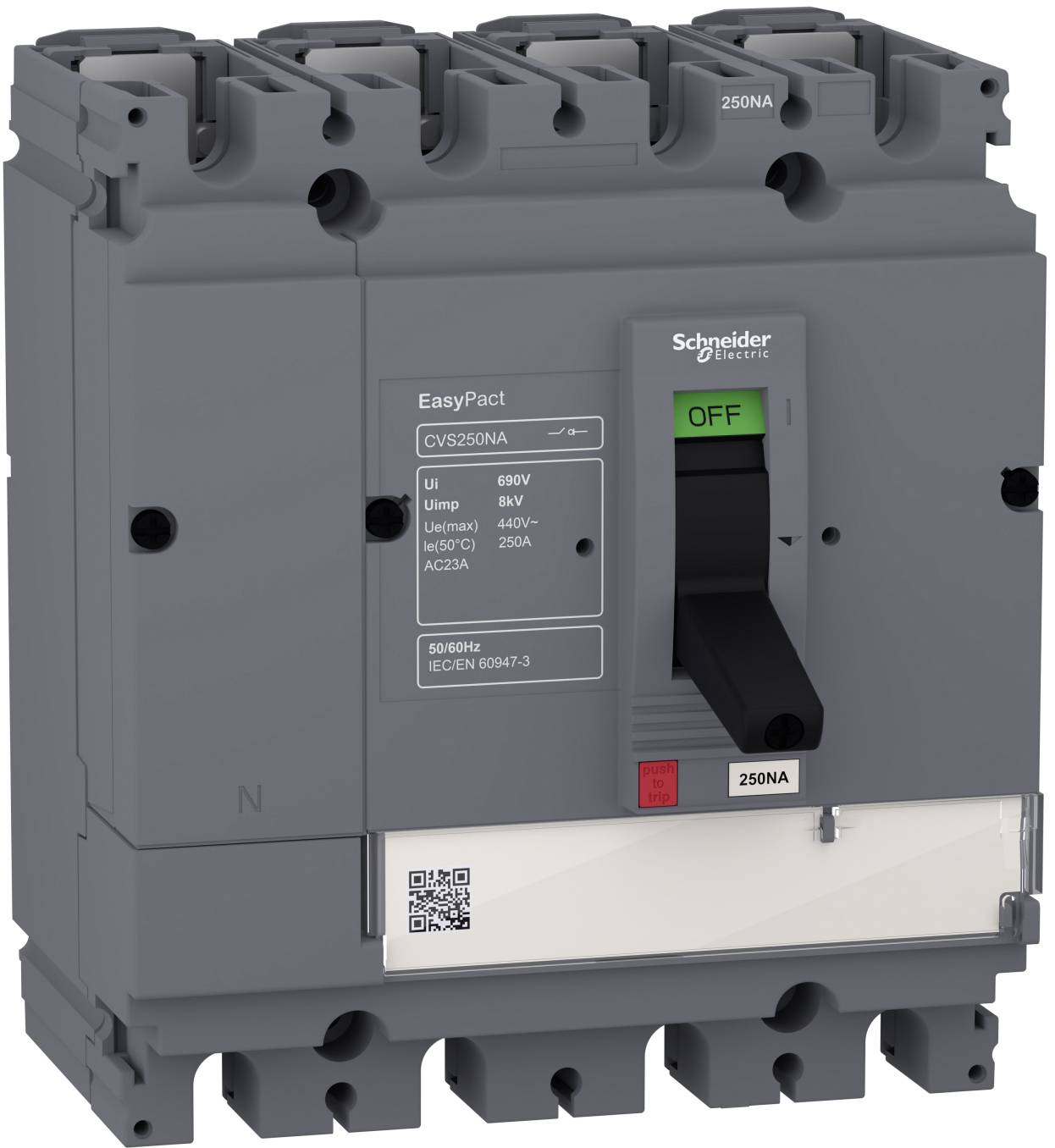 Grey Schneider Electric EasyPact 250A circuit breaker with black OFF switch and technical labels on the front.