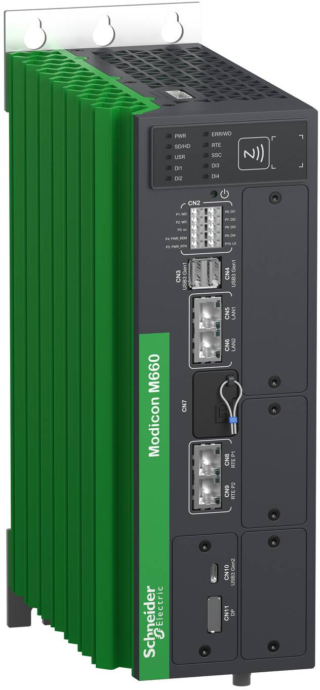 Schneider Electric Modicon M660 industrial controller module with green heat sink fins and front Ethernet/USB/port connections.