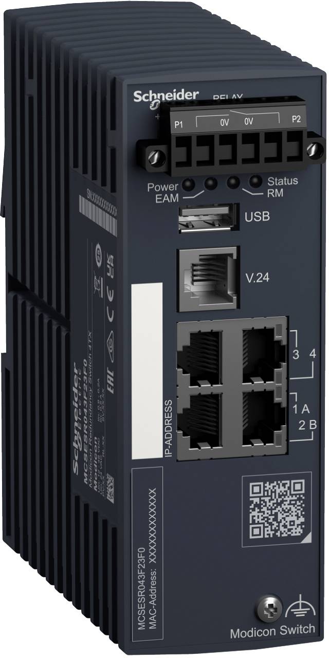 Schneider Modicon Switch industrial Ethernet device with four RJ45 ports, USB and serial connectors, status LEDs, and QR code on the front panel.