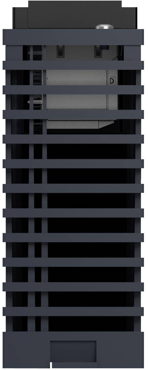 Front view of a dark rectangular building facade with horizontal slats or balconies and a central recessed section, shown in a simple illustration.