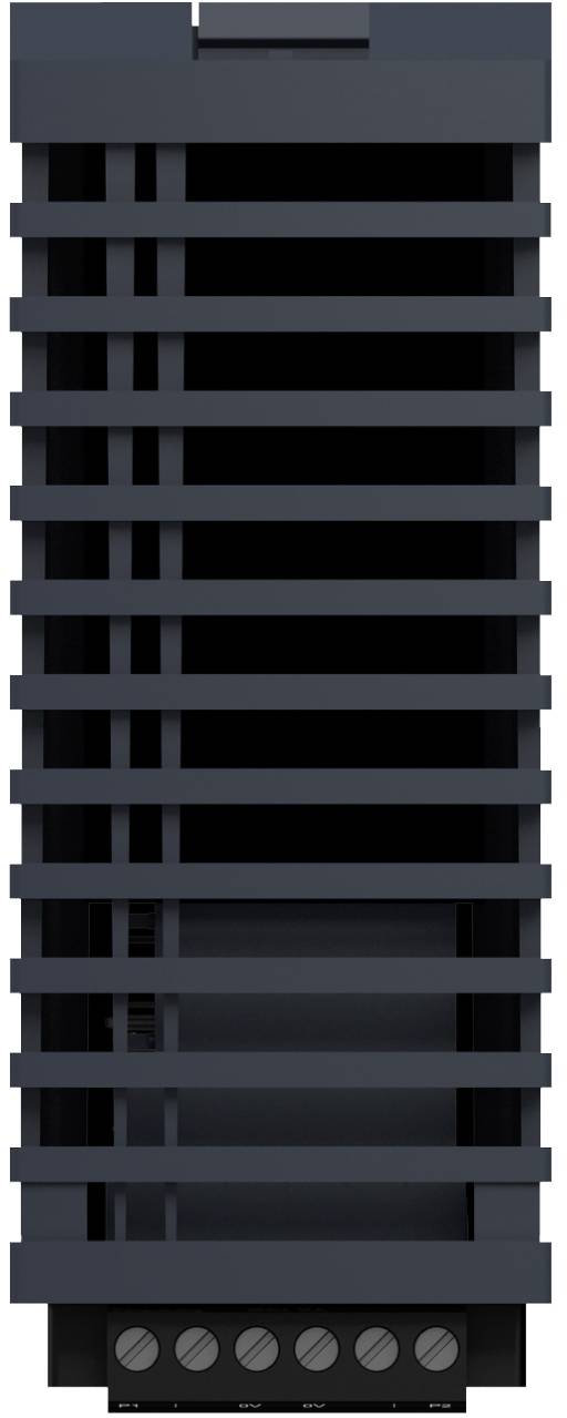 A dark gray server rack or vented equipment cabinet with horizontal slats and a row of six circular fasteners at the bottom.