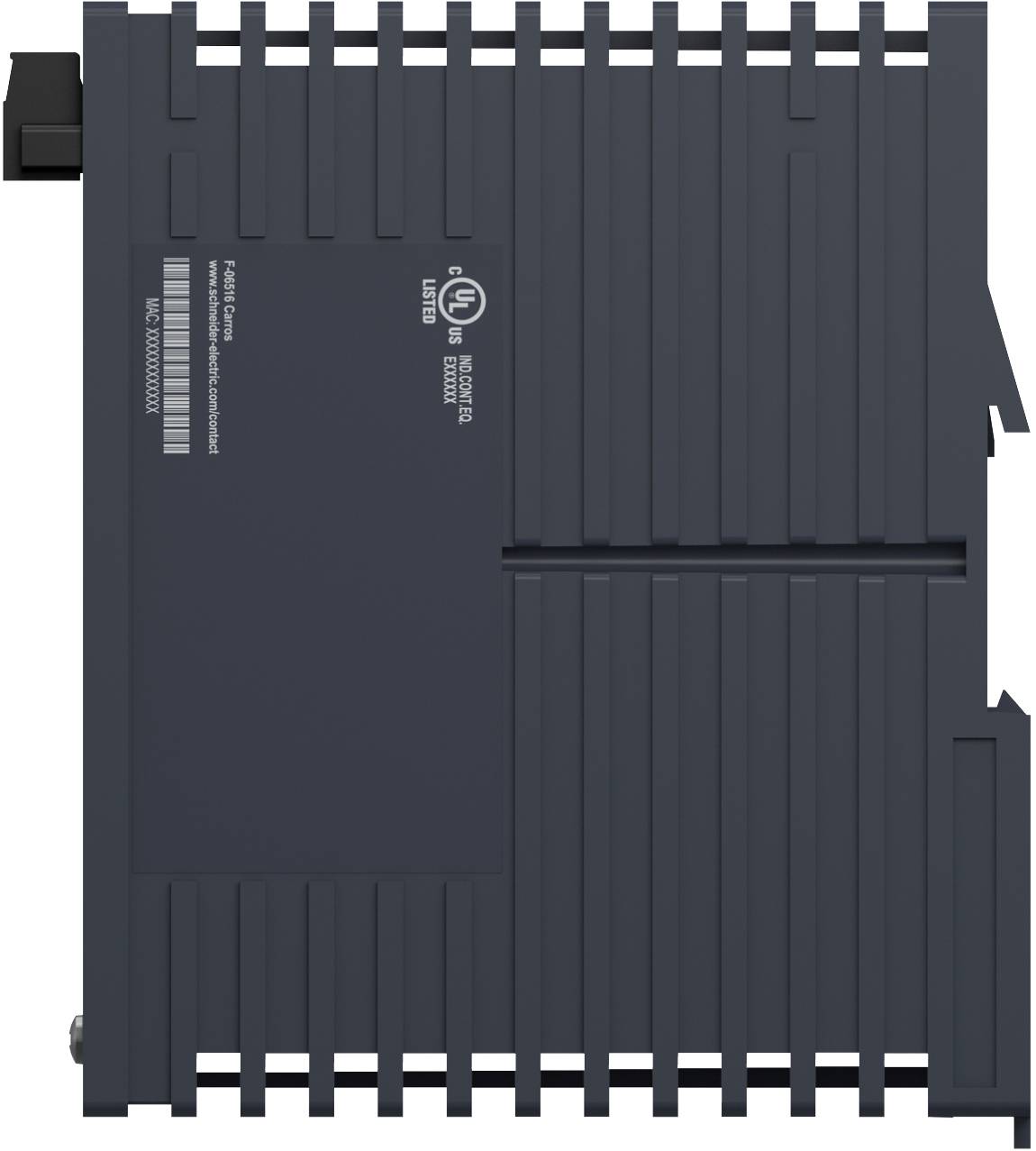 Dark gray industrial control module shown front view, with UL certification marks and barcode label; likely a programmable automation unit.
