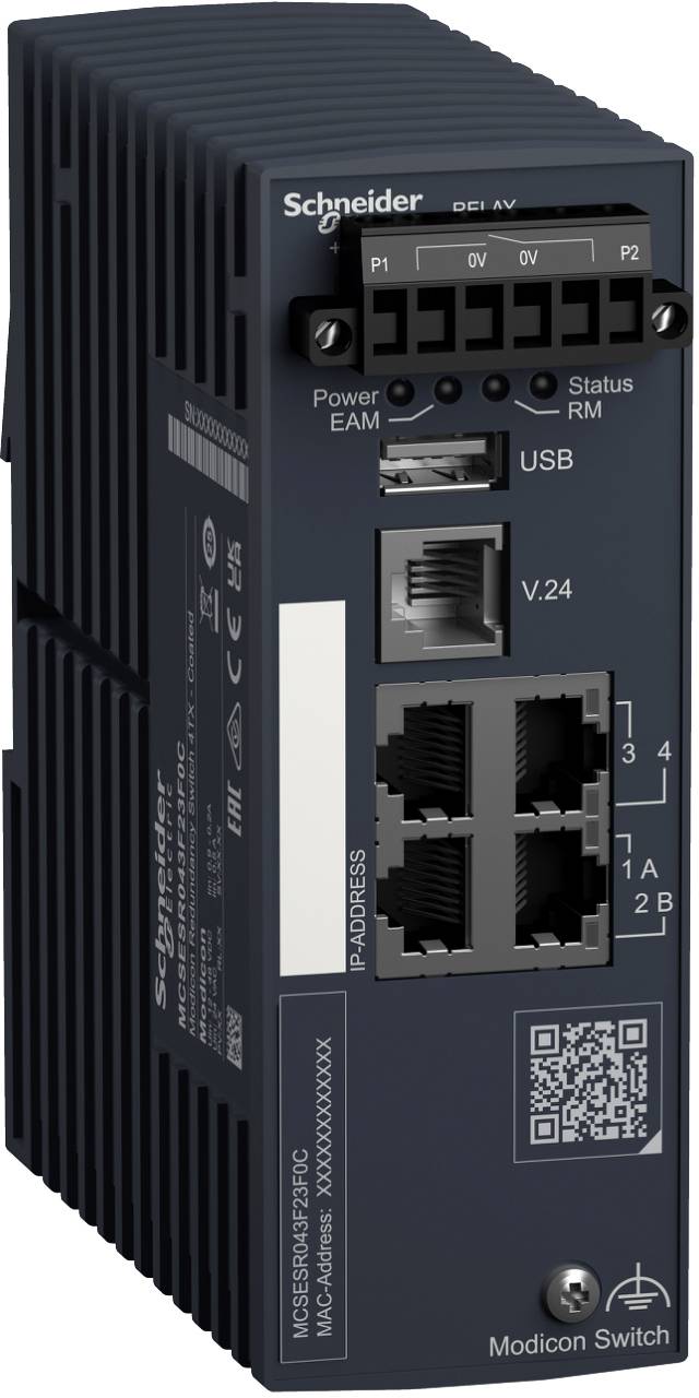 Schneider Electric Modicon Switch industrial Ethernet switch with multiple ports, USB, serial V.24, status LEDs, and QR code on the front panel.