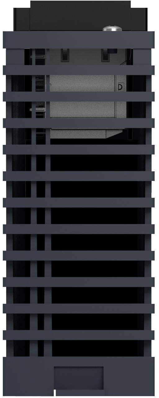 Tall dark gray vented enclosure or tower with horizontal slats and a small front panel near the bottom.