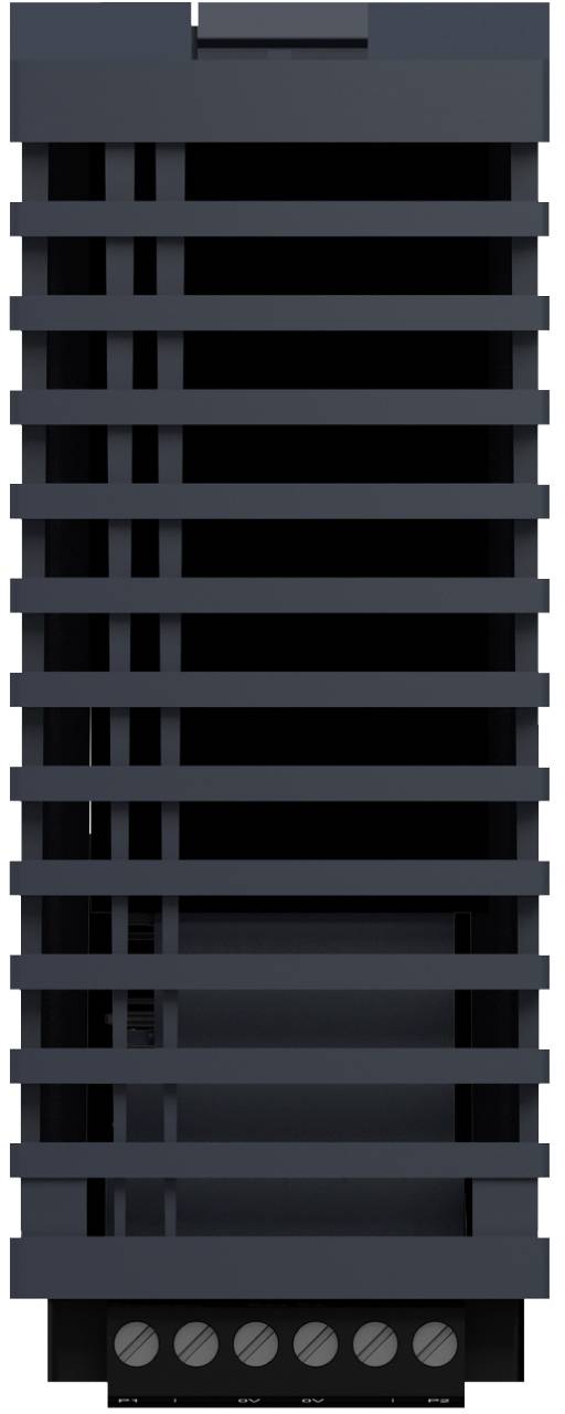 Tall dark gray slatted window blind or shutter on a narrow vertical window panel.