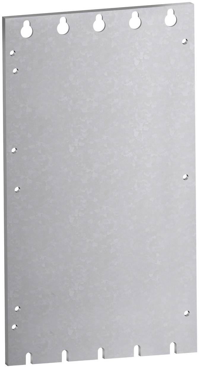 Gray metal mounting plate with keyhole slots across the top and bottom edges, plus side holes for fasteners.