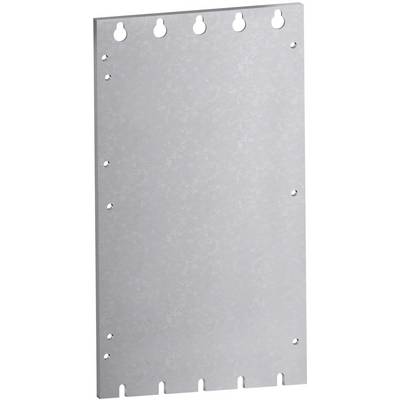 Gray metal mounting plate with keyhole slots across the top and bottom edges, plus side holes for fasteners.