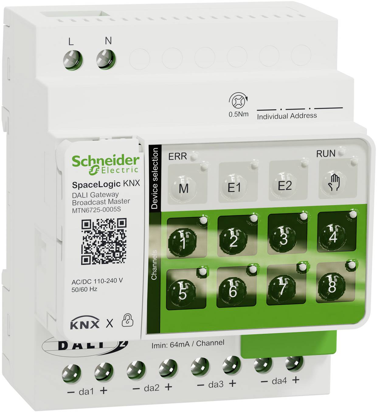 Schneider Electric SpaceLogic KNX DALI gateway module with labeled terminals, channel buttons 1–8, error/run indicators, and QR code on the front.