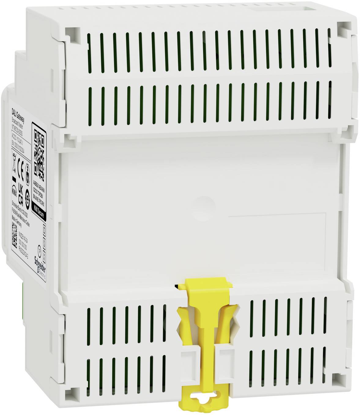 White modular electrical device with vent slots and a yellow latch clip, shown front-on against a white background.<br>