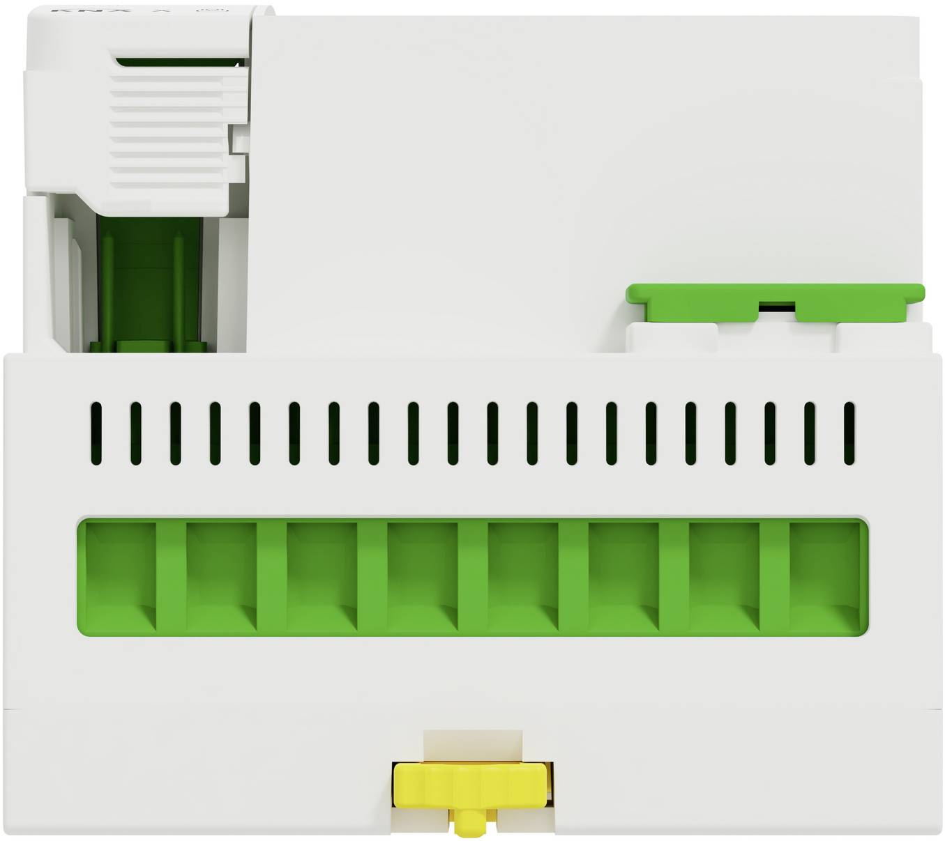 White electrical device with green connector slots and a yellow latch, shown front view on a plain background.